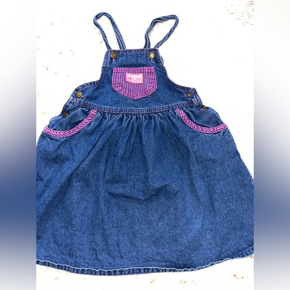 Vintage OshKosh B'gosh Blue Overall dress with Pink Details